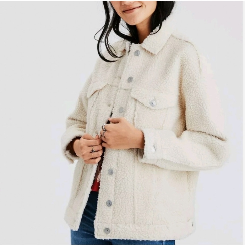 American Eagle Outfitters mid-length sherpa shacket in beige/cream